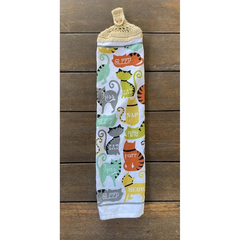 Crochet Top COLORFUL CATS Animal Print Hanging Kitchen Dish Towel Cat Button